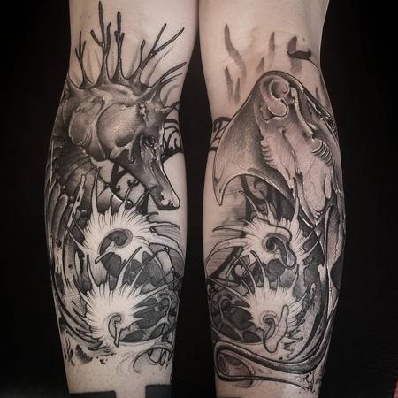 Tattoos - Art Nouveau Seahorse, stingray, black and grey sketchy stippling on calves - 130517
